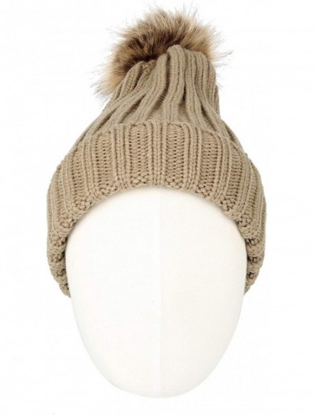 Skullies & Beanies Trendy Ribbed Knitted Fur Pom Pom Beanie Hat Slouchy CR5146 - Brown - CB18LTAKTZA $17.00