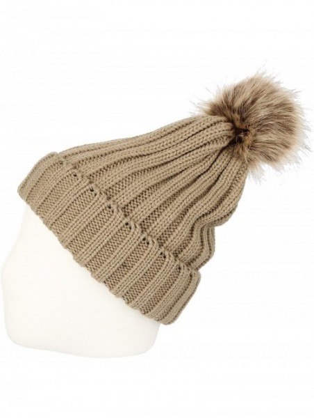 Skullies & Beanies Trendy Ribbed Knitted Fur Pom Pom Beanie Hat Slouchy CR5146 - Brown - CB18LTAKTZA $17.00