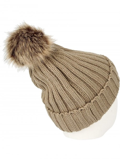 Skullies & Beanies Trendy Ribbed Knitted Fur Pom Pom Beanie Hat Slouchy CR5146 - Brown - CB18LTAKTZA $17.00