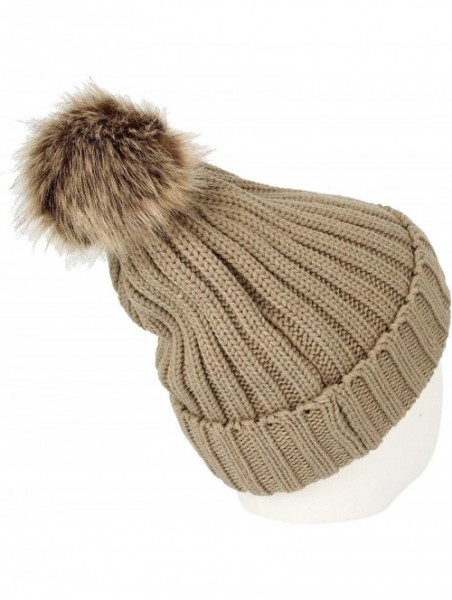 Skullies & Beanies Trendy Ribbed Knitted Fur Pom Pom Beanie Hat Slouchy CR5146 - Brown - CB18LTAKTZA $17.00