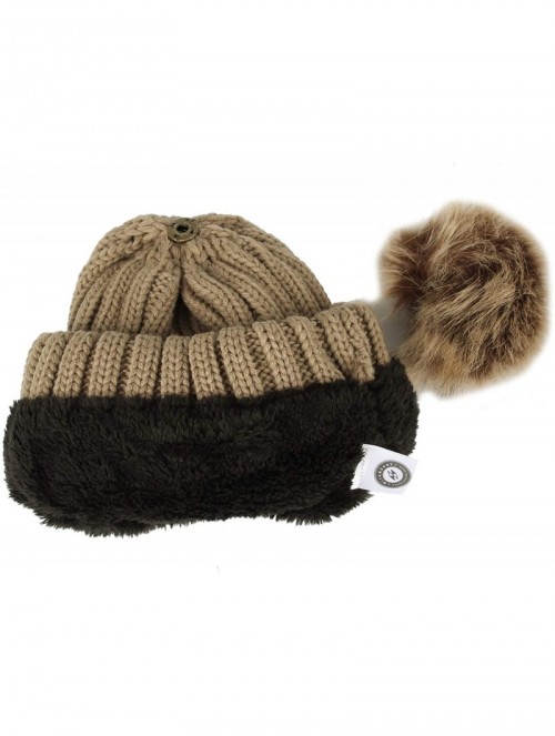 Skullies & Beanies Trendy Ribbed Knitted Fur Pom Pom Beanie Hat Slouchy CR5146 - Brown - CB18LTAKTZA $17.00