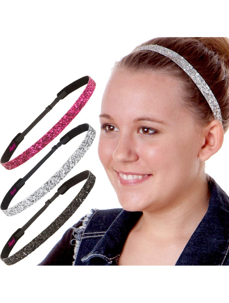 Headbands Girl's Adjustable Non Slip Skinny Bling Glitter Headband Multi Pack - Hot Pink/Silver/Black - CE11TOOQNER $15.47