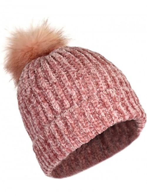 Skullies & Beanies Urban Winter Ultra Soft Chenille Warm Velvet Chunky Knit Stretch Cuff Beanie Hat with Faux Fur Pom - CL18Y...