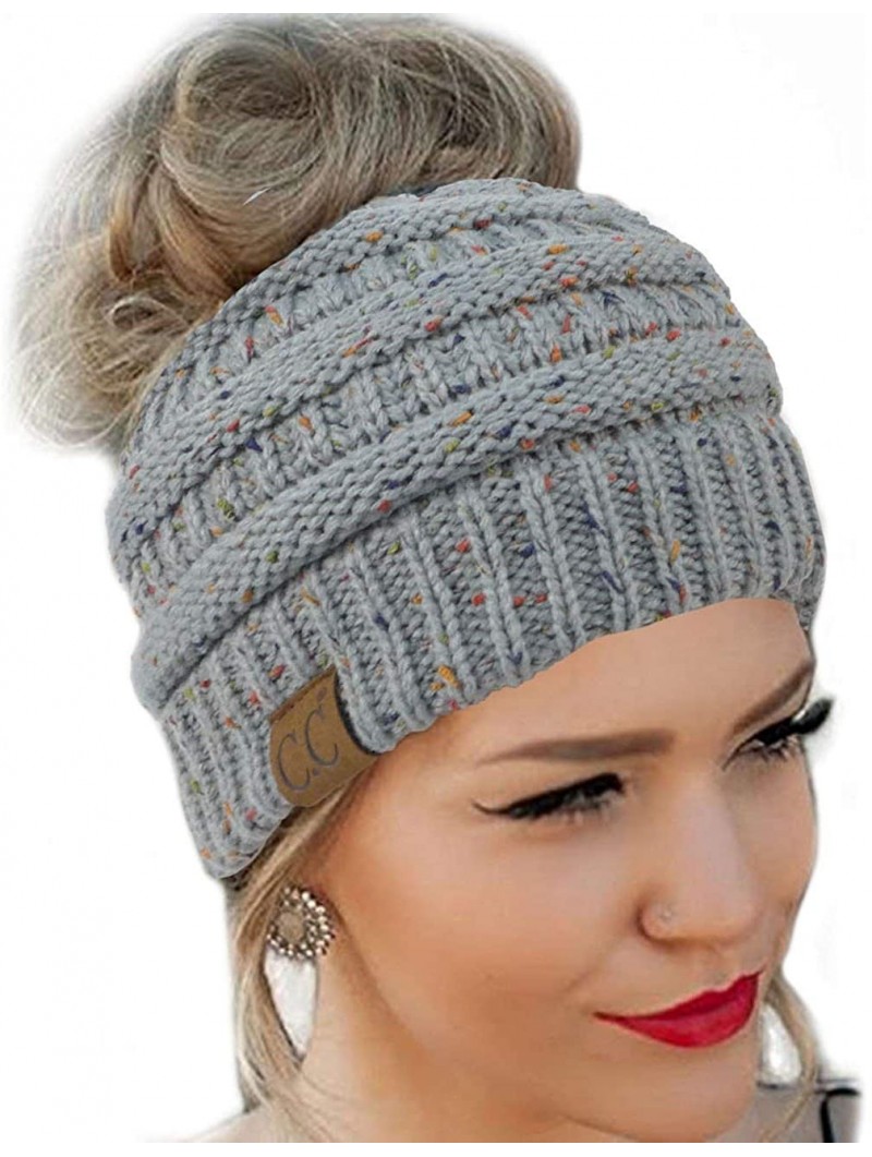 Skullies & Beanies Quality Knit Messy Bun Hat Beanie - Natural Grey Flecked - CW1880H8HM2 $19.12