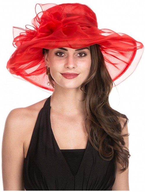 Sun Hats Women Kentucky Derby Church Cap Wide Brim Summer Sun Hat for Party Wedding - 1-red With Bowknot - C218E6744L5 $22.92