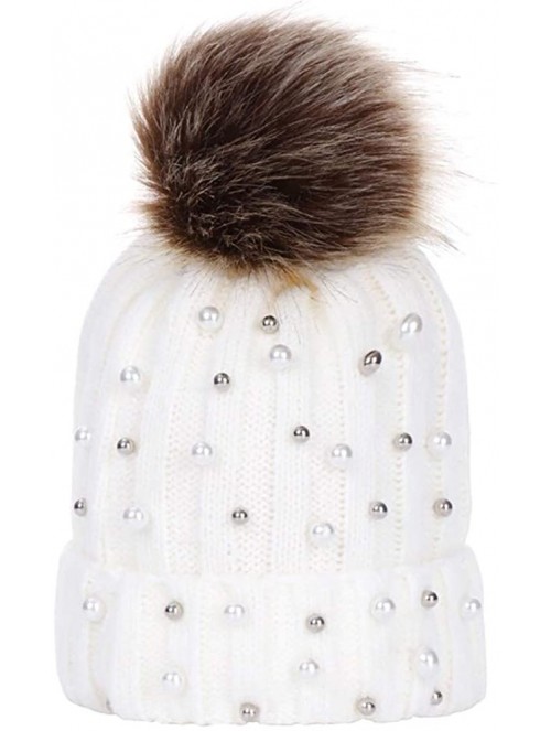 Bomber Hats Women Faux Fur Pom Pom Beanie Cap Fashion Winter Pearl Knit Ski Hat - White - C718LKE7G4H $8.61