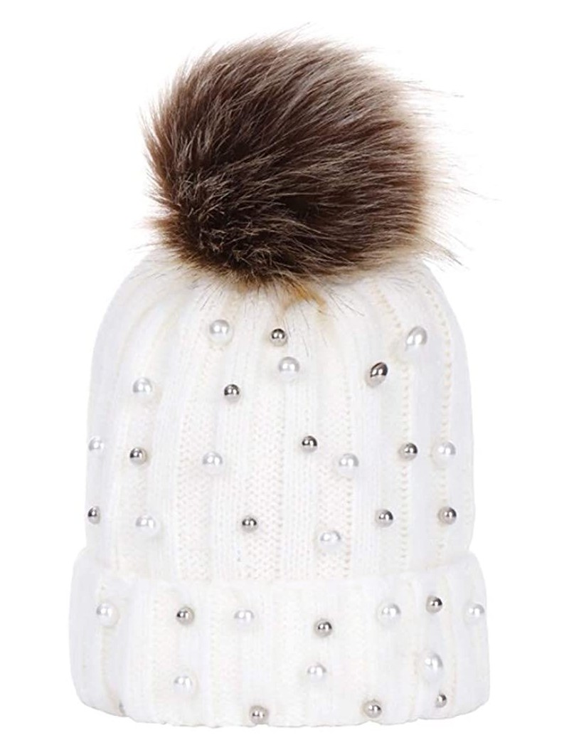 Bomber Hats Women Faux Fur Pom Pom Beanie Cap Fashion Winter Pearl Knit Ski Hat - White - C718LKE7G4H $8.61