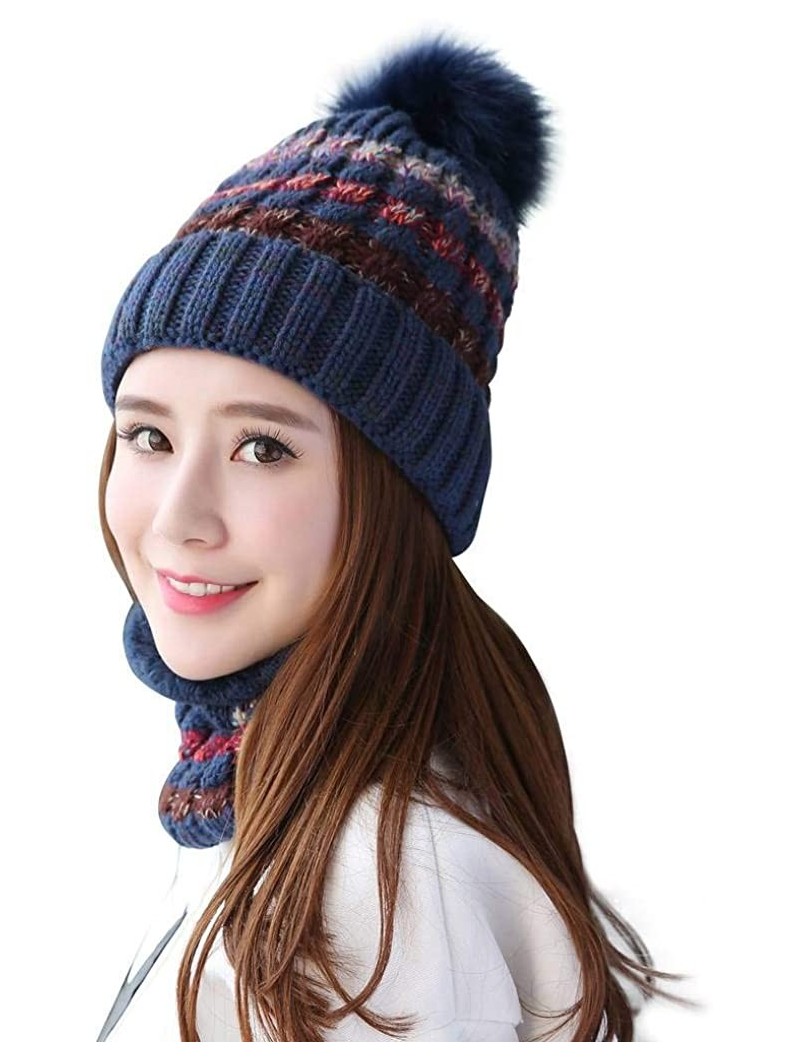 Skullies & Beanies Womens Winter Beanie Hat Scarf Set Warm Fuzzy Knit Hat Neck Scarves - Navy Blue - C518I8HSYUN $18.66