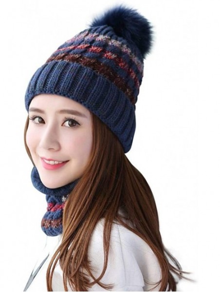 Skullies & Beanies Womens Winter Beanie Hat Scarf Set Warm Fuzzy Knit Hat Neck Scarves - Navy Blue - C518I8HSYUN $18.66