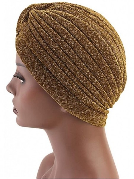 Skullies & Beanies Luxury Stretchable Glitter Flower Chemo Beanie Hair Loss Turban - Gold001 - C618S66NAHR $14.51