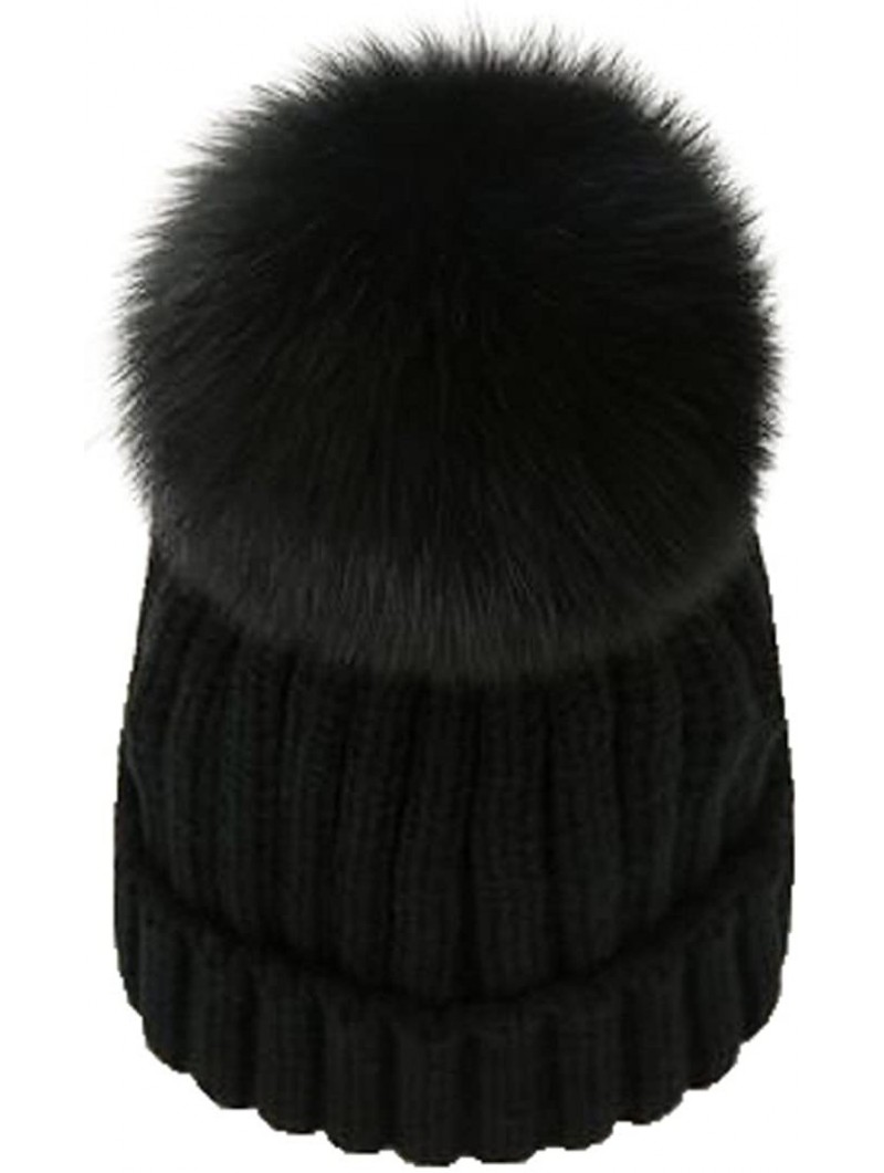 Skullies & Beanies Womens Knitted Hat Fox Fur Pom Pom Warm Slouchy Beanie Cap - Black - C4188NGMY7Z $21.81