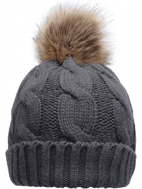 Skullies & Beanies Women's Winter Ribbed Knit Faux Fur Pompoms Chunky Lined Beanie Hats - A Twist Charcoal - CE184RQOXGW $14.19