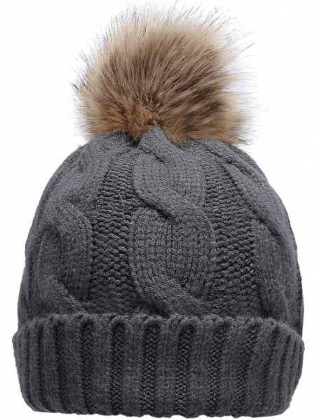 Skullies & Beanies Women's Winter Ribbed Knit Faux Fur Pompoms Chunky Lined Beanie Hats - A Twist Charcoal - CE184RQOXGW $14.19