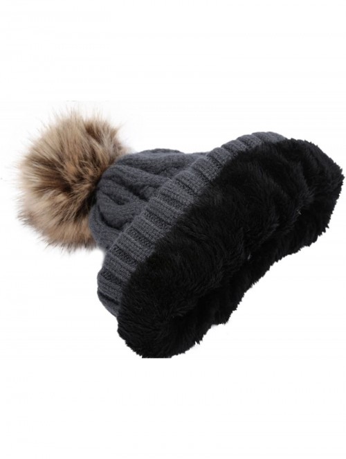 Skullies & Beanies Women's Winter Ribbed Knit Faux Fur Pompoms Chunky Lined Beanie Hats - A Twist Charcoal - CE184RQOXGW $14.19