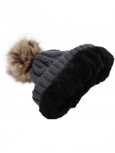 Skullies & Beanies Women's Winter Ribbed Knit Faux Fur Pompoms Chunky Lined Beanie Hats - A Twist Charcoal - CE184RQOXGW $14.19