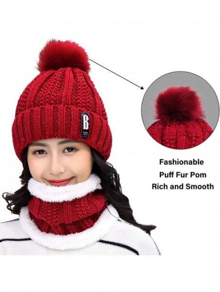 Skullies & Beanies Womens Winter Beanie Hat Scarf Set Warm Fuzzy Knit Hat Neck Scarves - Red - CE192R8LYUW $17.28