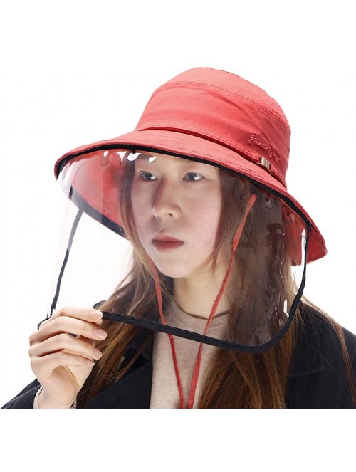 Sun Hats Womens UPF50+ Linen/Cotton Summer Sunhat Bucket Packable Hats w/Chin Cord - 00016_red(with Face Shield) - C4188THCC5...