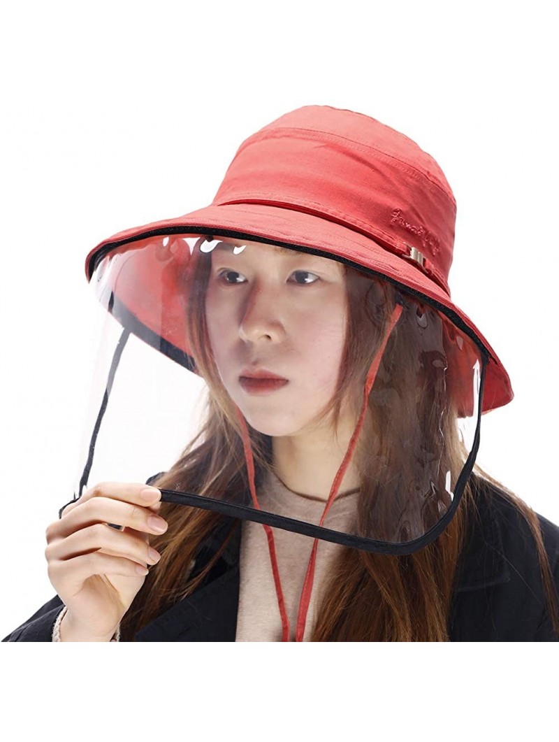 Sun Hats Womens UPF50+ Linen/Cotton Summer Sunhat Bucket Packable Hats w/Chin Cord - 00016_red(with Face Shield) - C4188THCC5...