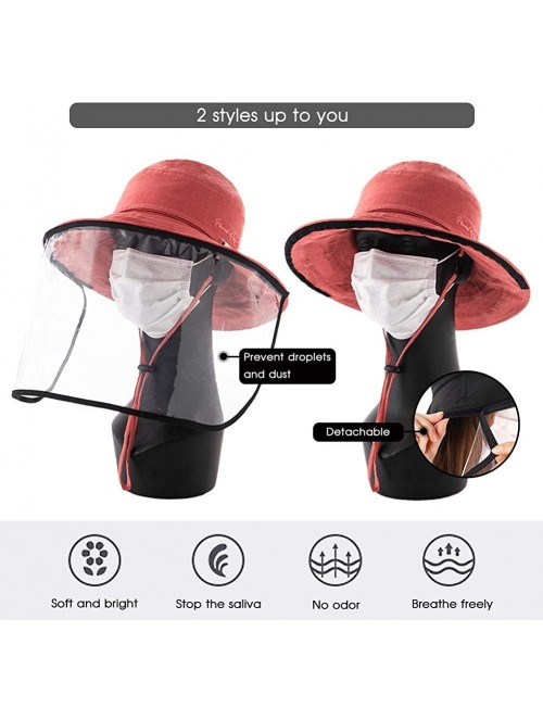 Sun Hats Womens UPF50+ Linen/Cotton Summer Sunhat Bucket Packable Hats w/Chin Cord - 00016_red(with Face Shield) - C4188THCC5...