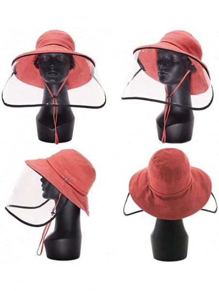 Sun Hats Womens UPF50+ Linen/Cotton Summer Sunhat Bucket Packable Hats w/Chin Cord - 00016_red(with Face Shield) - C4188THCC5...