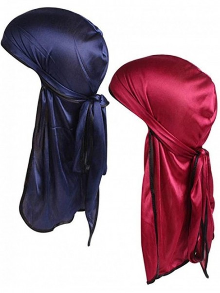 Skullies & Beanies Satin Silk Head Wrap Durag Long Tail Beanies for Men Headwraps Cap - 2pcs Wine Red&navy - CR18HCT87WY $15.66