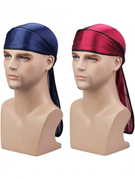 Skullies & Beanies Satin Silk Head Wrap Durag Long Tail Beanies for Men Headwraps Cap - 2pcs Wine Red&navy - CR18HCT87WY $15.66