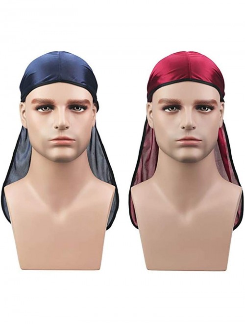 Skullies & Beanies Satin Silk Head Wrap Durag Long Tail Beanies for Men Headwraps Cap - 2pcs Wine Red&navy - CR18HCT87WY $15.66