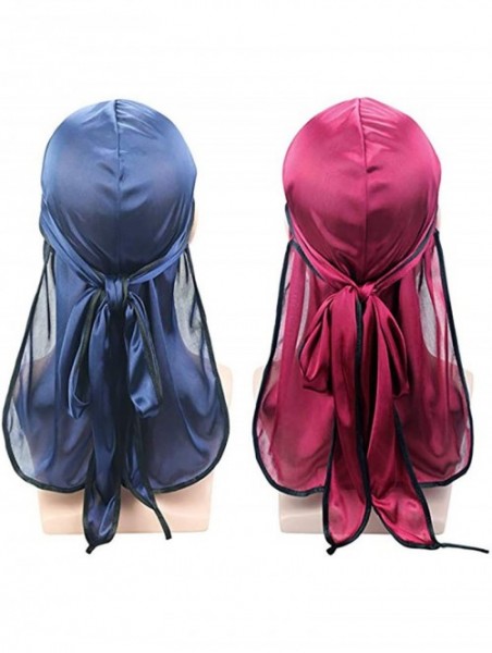 Skullies & Beanies Satin Silk Head Wrap Durag Long Tail Beanies for Men Headwraps Cap - 2pcs Wine Red&navy - CR18HCT87WY $15.66