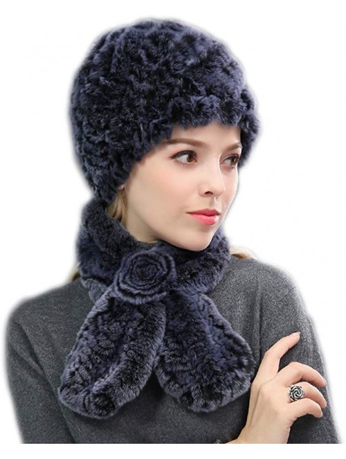 Skullies & Beanies Women's Real Rex Rabbit Fur Hat and Real Rabbit Fur Scarf 1 Set Winter Warm Fashion - Dark Blue - CS18UQSX...