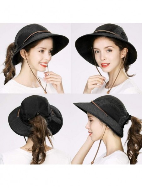 Sun Hats UV50 Foldable Sunhat Women Ponytail Hole Safari Beach Fishing Bucket Hat 55-61CM - 00707_black - CR18RS8WTL3 $21.59