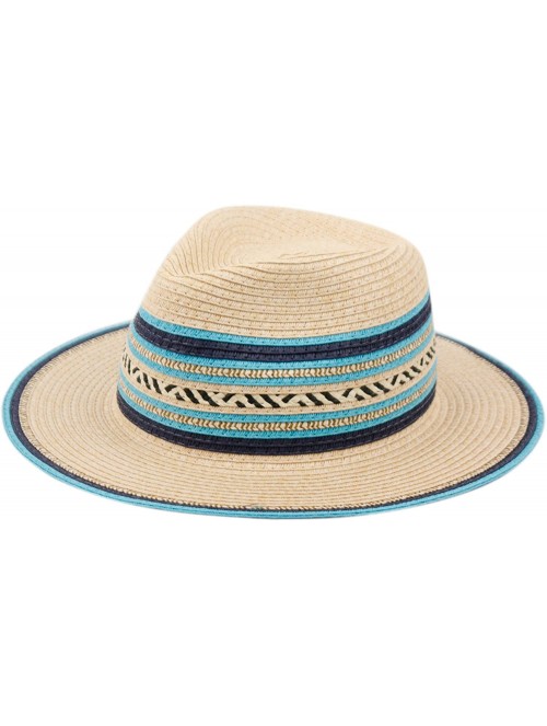 Fedoras Cute Straw Fedora Hat w/Chevron & Stripe Accent - Adjustable Inner Drawstring - Natural/Blue - CF12O2B49LT $23.68