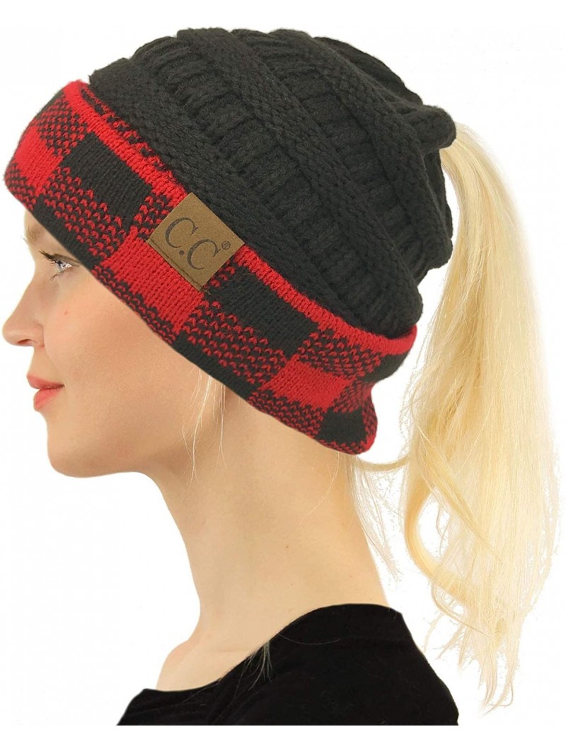 Skullies & Beanies Ponytail Messy Bun BeanieTail Soft Winter Knit Stretch Beanie Hat - Buffalo Plaid Red/Black - C718YZ07XNR ...