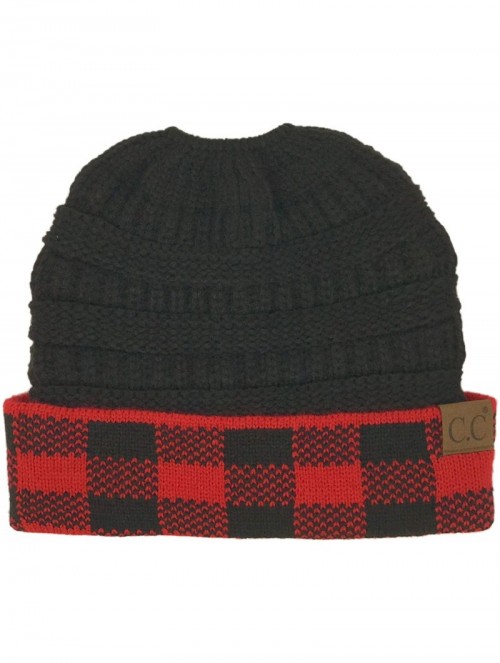 Skullies & Beanies Ponytail Messy Bun BeanieTail Soft Winter Knit Stretch Beanie Hat - Buffalo Plaid Red/Black - C718YZ07XNR ...