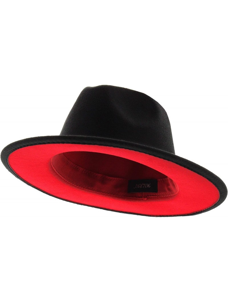 Fedoras The Bowery Red Bottom Two Tone Flat Brim Felt Fedora - Black Midnight - CF18YK9KMTU $35.51