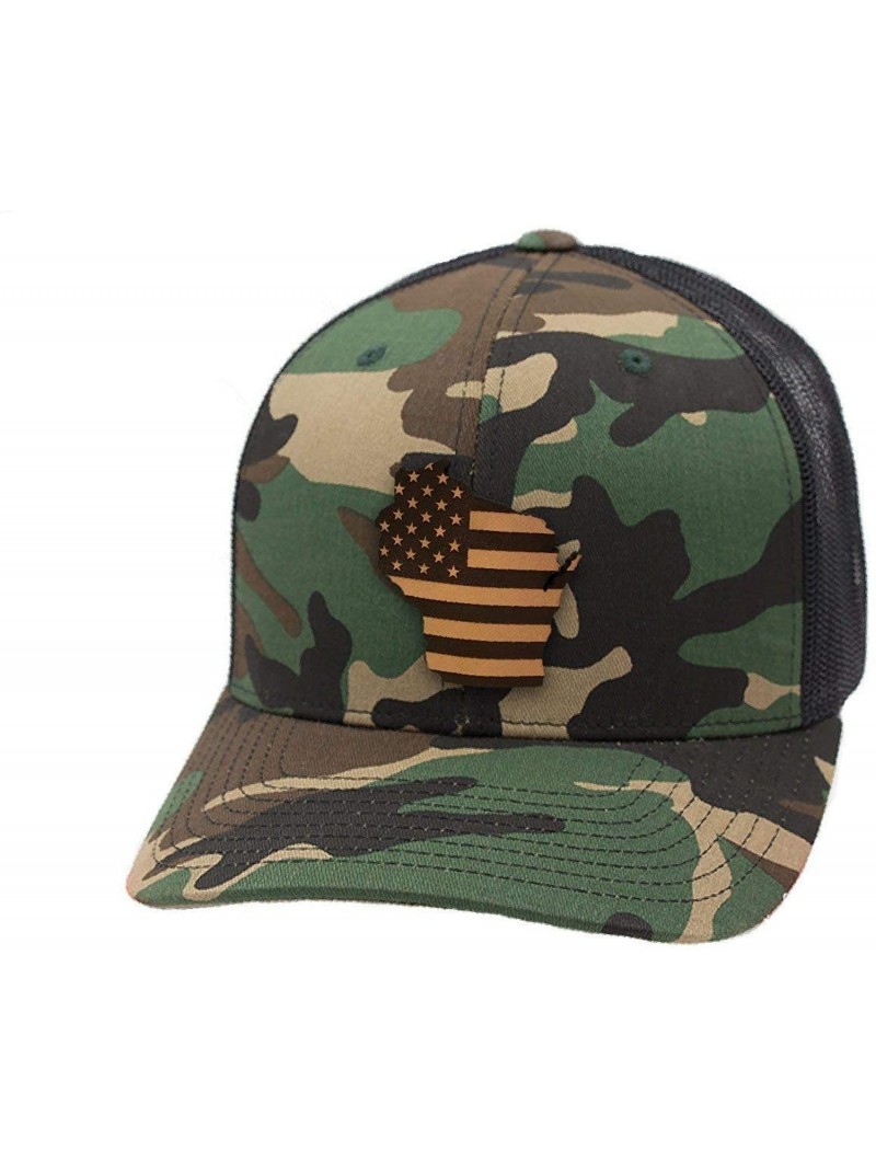 Baseball Caps 'Wisconsin Patriot' Leather Patch Hat Curved Trucker - Camo - C418IGO4LXY $37.57