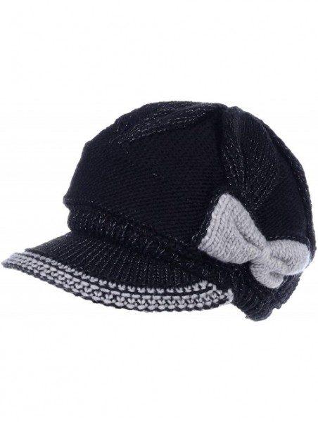 Newsboy Caps Womens Winter Chic Cable Warm Fleece Lined Crochet Knit Hat W/Visor Newsboy Cabbie Cap - Contrast Bow Black - CZ...