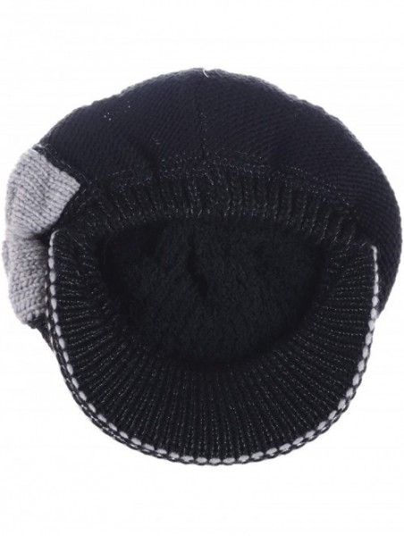 Newsboy Caps Womens Winter Chic Cable Warm Fleece Lined Crochet Knit Hat W/Visor Newsboy Cabbie Cap - Contrast Bow Black - CZ...