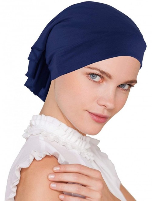 Skullies & Beanies Womens Ruffle Chemo Hat Beanie Scarf- Soft Turban Bandana Head Wrap for Cancer - 06- Navy Blue - CK12JDC5O...