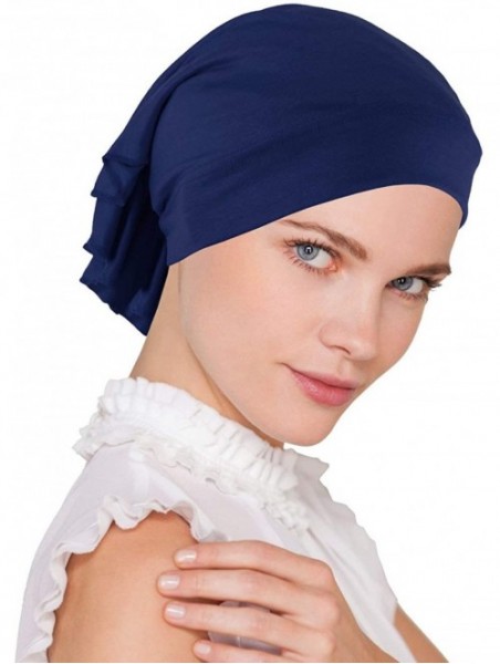 Skullies & Beanies Womens Ruffle Chemo Hat Beanie Scarf- Soft Turban Bandana Head Wrap for Cancer - 06- Navy Blue - CK12JDC5O...