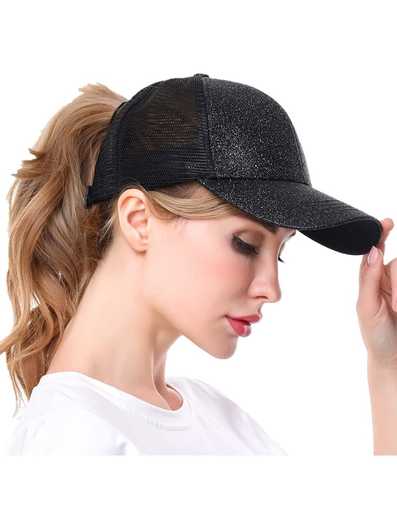 Baseball Caps Womens Ponytail Messy High Buns Trucker Ponycaps Plain Baseball Cap Dad Hat Adjustable Snapback - Glitter Black...