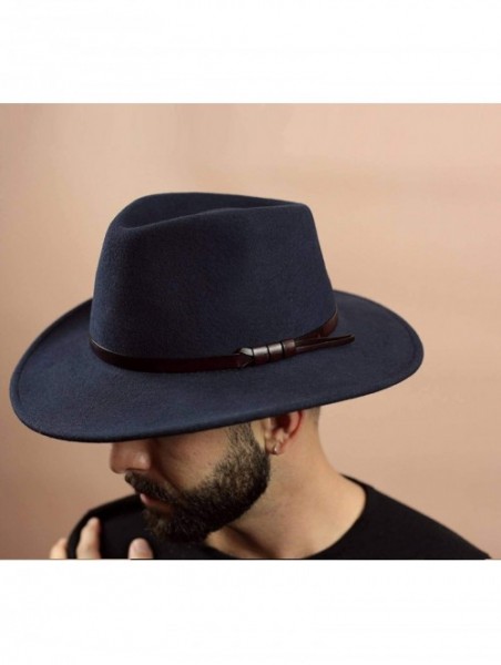 Fedoras Classique Large Wool Felt Fedora Hat Packable Water Repellent Wide Brim - Bleu-marine - CO187NL0NOI $46.10