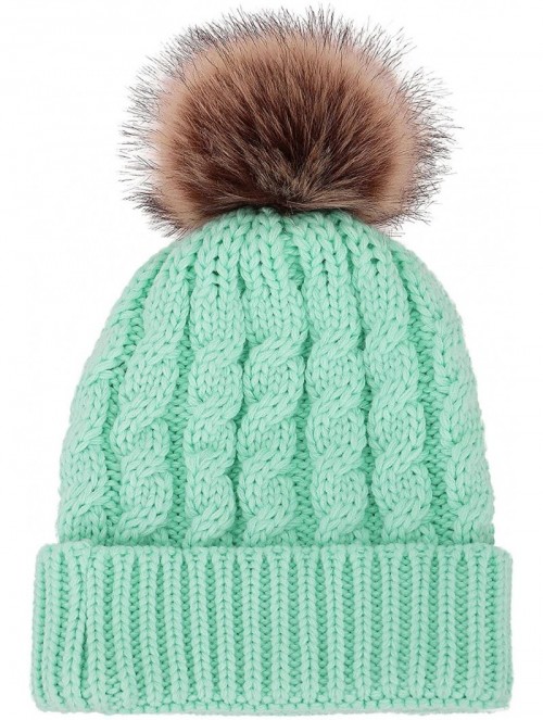 Skullies & Beanies Women's Winter Soft Knit Beanie Hat with Faux Fur Pom Pom - No Fleece Lined_light Green - C1182A8G9R4 $19.48