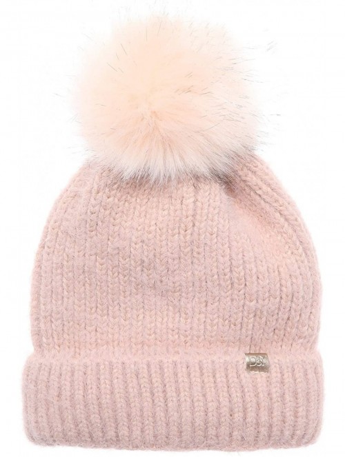 Skullies & Beanies Women's Winter Cozy Solid Color Fuzzy Knitted Beanie Hat with Faux Fur Pom Pom - Blush - CG18AT3ZHEW $13.04