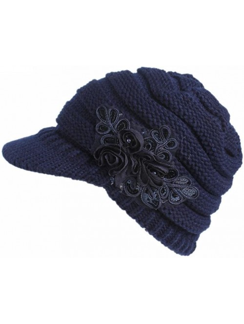 Berets Women Ladies Winter Knitting Hat Warm Artificial Wool Snow Ski Caps With Visor - Navy - C3188Q69NH6 $9.87