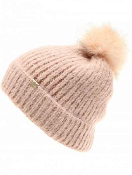 Skullies & Beanies Women's Winter Cozy Solid Color Fuzzy Knitted Beanie Hat with Faux Fur Pom Pom - Blush - CG18AT3ZHEW $13.04