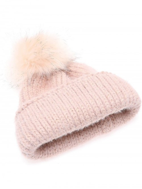 Skullies & Beanies Women's Winter Cozy Solid Color Fuzzy Knitted Beanie Hat with Faux Fur Pom Pom - Blush - CG18AT3ZHEW $13.04