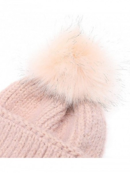 Skullies & Beanies Women's Winter Cozy Solid Color Fuzzy Knitted Beanie Hat with Faux Fur Pom Pom - Blush - CG18AT3ZHEW $13.04