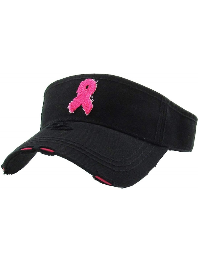 Baseball Caps Womens Baseball Cap High Ponytail Bun Half Visor Adjustable Athletic Hat - Breast Cancer Ribbon - Black - C218S...