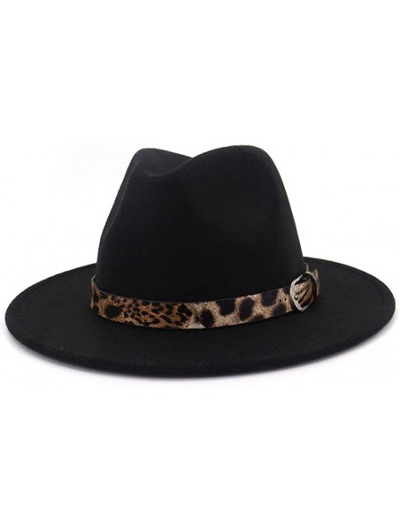 Fedoras Women's Woolen Wide Brim Fedora Hat Classic Jazz Cap with Belt Buckle - Black Leopard - CU18AXZQNE8 $16.15