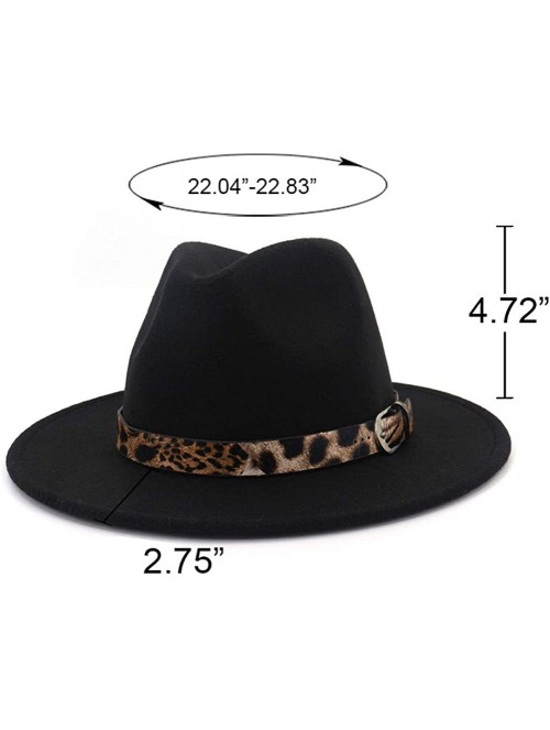 Fedoras Women's Woolen Wide Brim Fedora Hat Classic Jazz Cap with Belt Buckle - Black Leopard - CU18AXZQNE8 $16.15